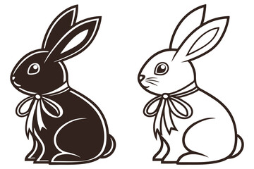 Black and white rabbit line art images are sitting with bows, isolated illustrations