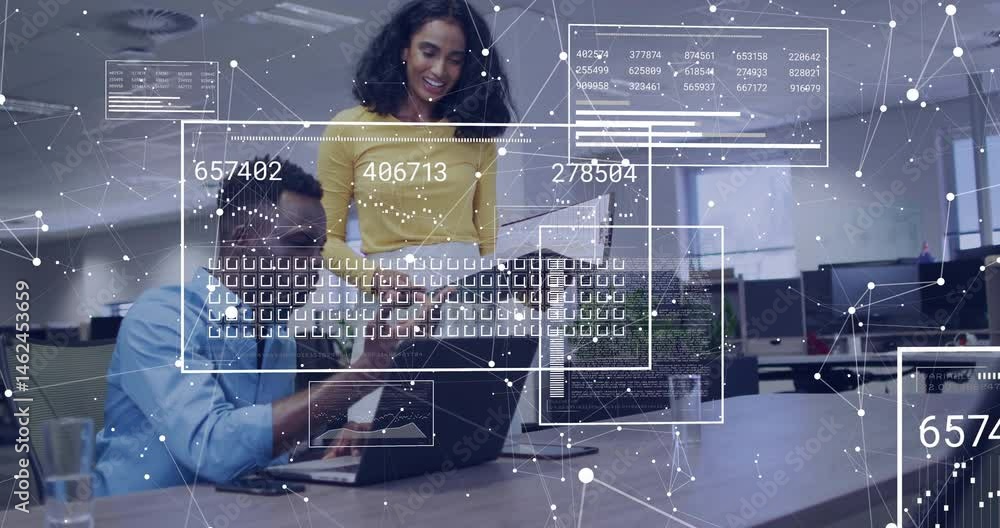 Poster coworkers leaning and typing on laptop in tech office, with floating data codes and network nodes