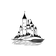 Fantasy castle illustration on hilltop island above the undulating water surface