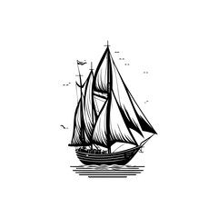 Monochromatic sailing vessel illustration against a pristine white background