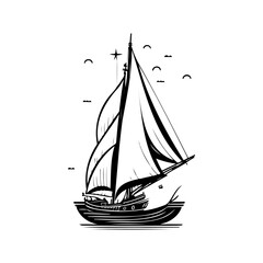 Monochrome depiction of an old sailing ship floating on calm waters