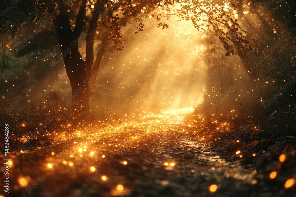 Poster warm ethereal light illuminates a tranquil pathway through a serene forest at dusk, creating a magic