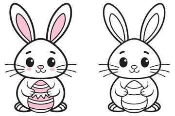 Two cute white bunnies hold an easter egg with a smile on transparent background