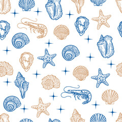 Seamless marine life pattern with seashells, starfish, and shrimp. Hand drawn vector illustration