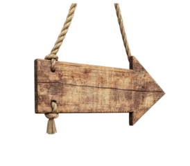 Wooden arrow sign hanging on a rope, isolated on Png Format and Transparent Background