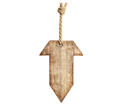 Wooden arrow sign hanging on a rope, isolated on Png Format and Transparent Background