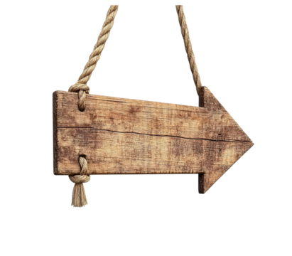Wooden arrow sign hanging on a rope, isolated on Png Format and Transparent Background