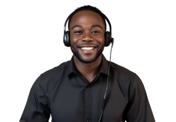 Portrait of a smiling African American male call center operator wearing a headset, isolated on transparent background