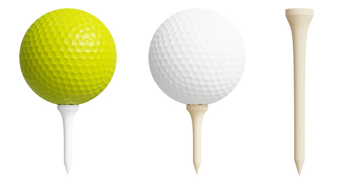 Lime Green, Yellow-green Golf ball and white golf ball on a white and wooden golf tee 3d render illustration isolated on transparent background