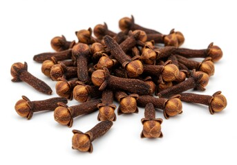 Obraz premium A pile of dried cloves with stems and buds in a close up view isolated on white background