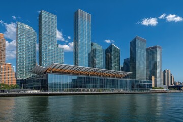 Modern skyscrapers line waterfront in sunny city.  Large, contemporary buildings, including a performing arts center, are situated along a waterway.  Clear blue sky with puffy clouds