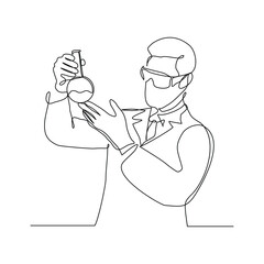 Continuous line sketch drawing of male scientist analyze formula on laboratory tube. One line concept of medical science. Editable stroke vector illustration