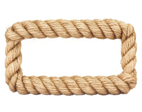 A textured rectangular frame made of natural jute rope, positioned against a white background, ideal for showcasing artwork or text in a rustic or nautical theme