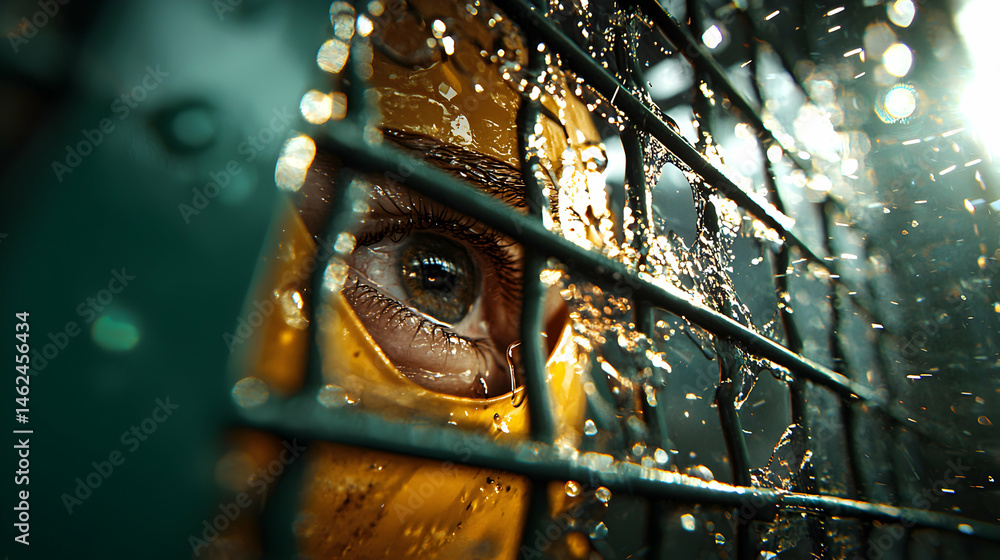 Poster a close-up portrays an eye behind a metallic barrier drenched in water droplets. suggests themes of 