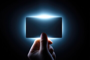Illuminated blank rectangle held by a hand.
