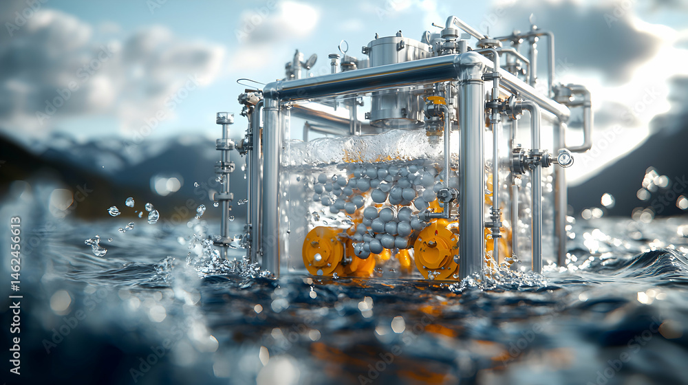 Poster a futuristic industrial setup submerged in water. it could be a new energy source design or a scient