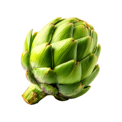Obraz premium A vibrant green artichoke with tightly packed leaves and a sturdy stem sits isolated on a clean white background, showcasing its intricate texture and form.