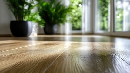 Sunlight streams across a polished wooden floor, highlighting the natural beauty of the planks.  Plants and a bright window are visible in the background