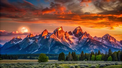 Wyoming Mountain Sunset: Coral Hues & Rising Moon Landscape Photography
