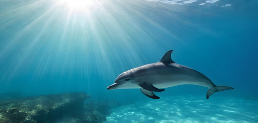 dolphin glides through clear blue water, capturing the beauty of marine life, freedom of the ocean, and underwater tranquility.
