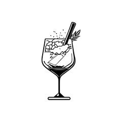Minimalist line drawing of a tall cocktail, featuring ice, straw, and garnish