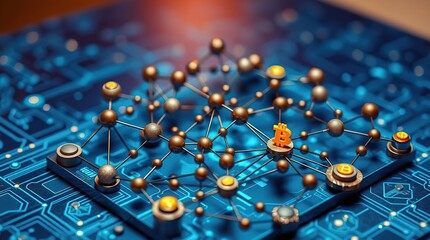 A complex network of interconnected nodes, representing cryptocurrency transactions, sits atop a circuit board