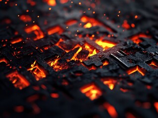 Molten metal squares, burning hot, glowing embers.  Fiery, textured surface