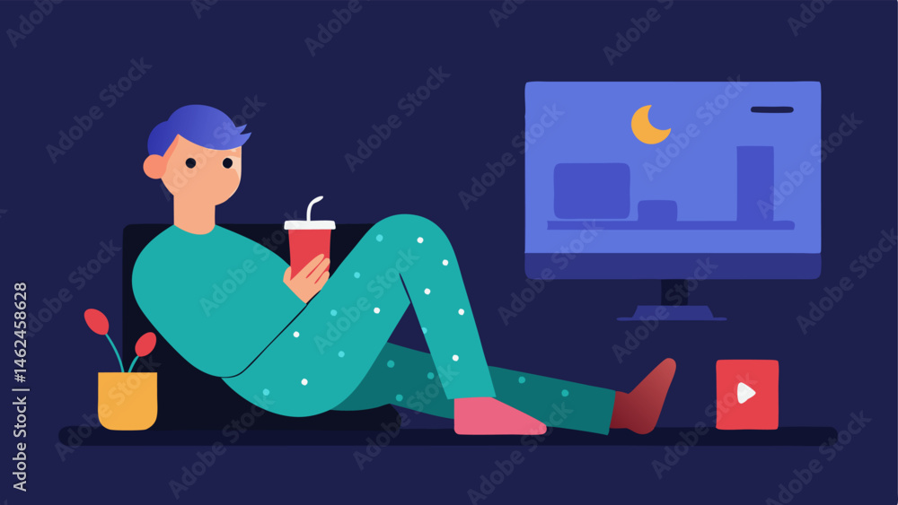 Poster streaming service binge a character lounging in pajamas watching a screen with a subscription servic
