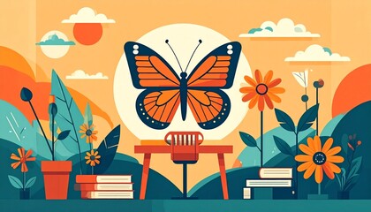 Colorful illustration of a butterfly amidst flowers and books at sunset