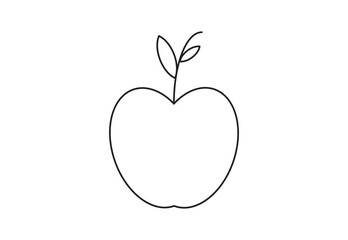 Apple Line Drawing with Two Leaves Simple Outline Illustration for Kids.