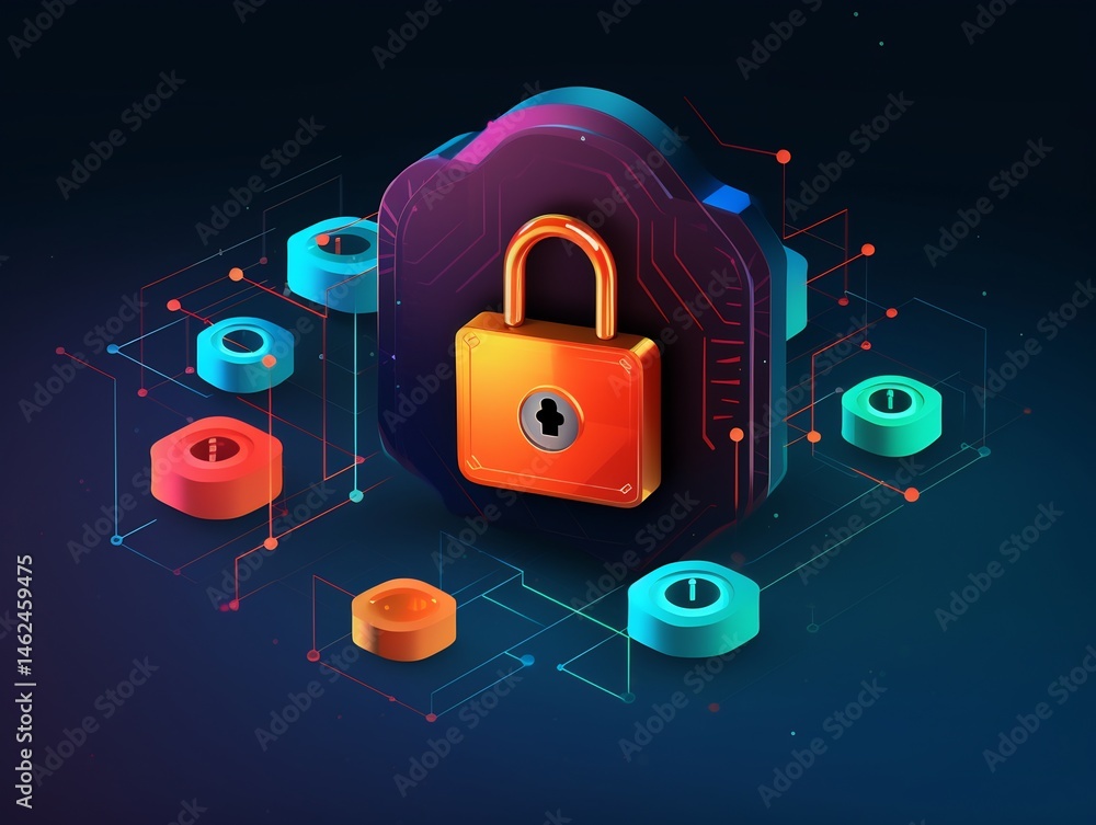 Poster secured digital data cloud storage with a padlock for data protection concept