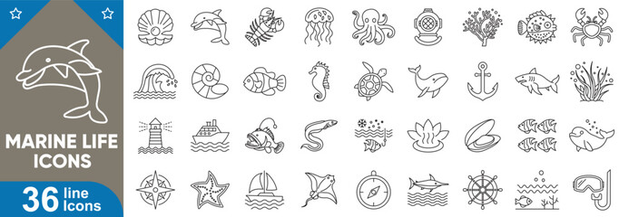 Marine life vector icons set. Dolphin, whale, shark, octopus, jellyfish, corals, eel, aquatic, wildlife, anglerfish, shells and more. Thin line icons illustration