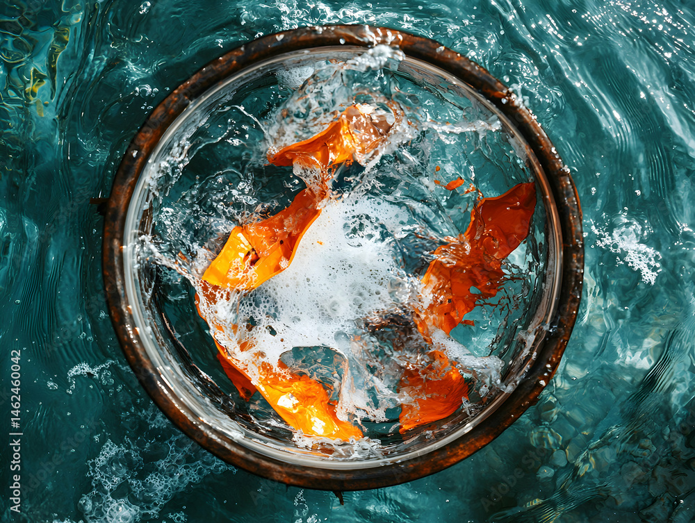 Poster an overhead shot captures vibrant orange leaves in a circular metal frame submerged in teal water cr