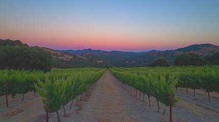 Naklejka premium Vineyard rows stretch to a pastel sunset over hills.