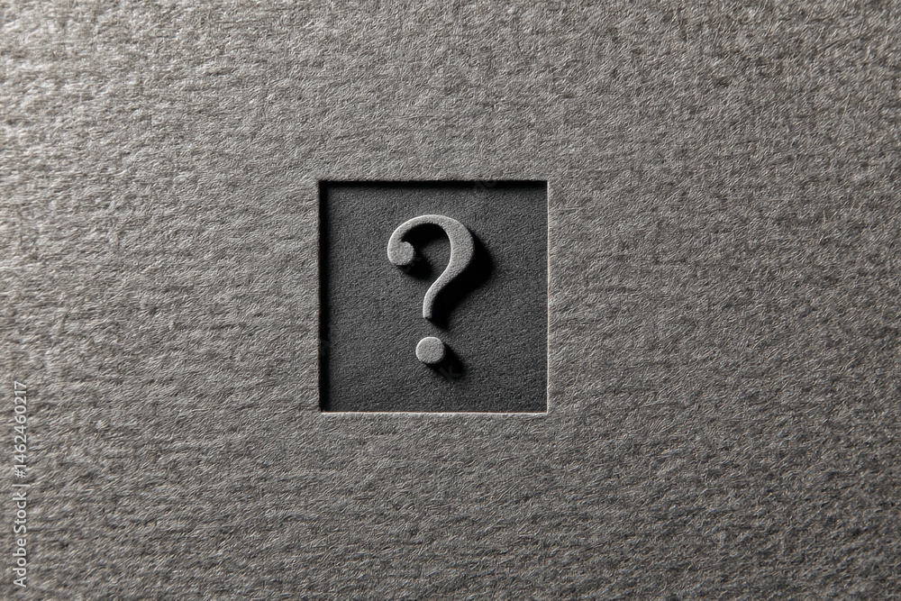 Poster Gray textured background with recessed square frame featuring embossed question mark, symbolizing inquiry, uncertainty, or a need for answers