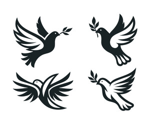 Peace symbol dove vector, monochrome bird icon with leafy twig on a white background