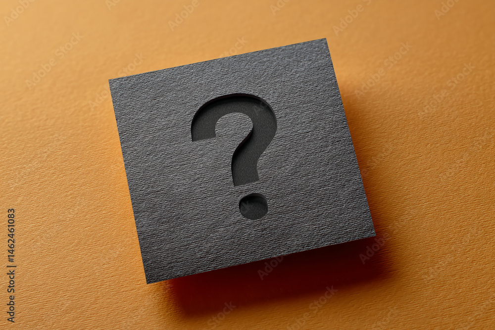 Poster black square with cutout question mark on orange textured background, symbolizing inquiry, uncertain