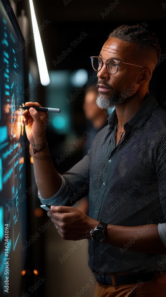 Poster focused black professional analyzing digital display in tech environment