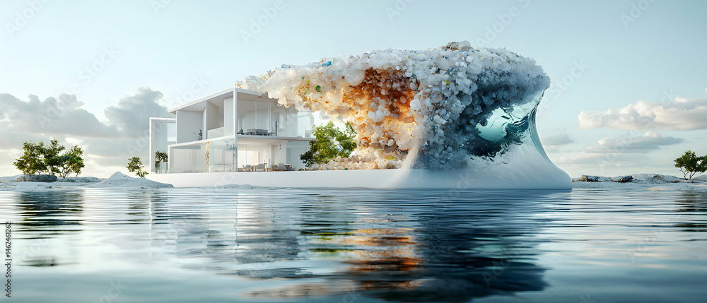 Poster an architectural concept where a wave of pollution crashes into a modern home. suggests environmenta
