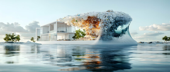 An architectural concept where a wave of pollution crashes into a modern home. Suggests environmental issues in a visual spectacle.