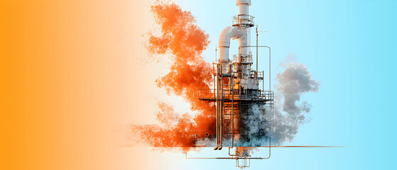Abstract industrial scene with a smokestack and vapor effect. Suitable for environmental awareness campaigns or modern art pieces.  Evocative and visually striking.