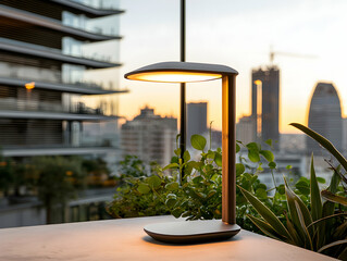 A stylish lamp illuminates a modern cityscape. It creates a warm ambiance ideal for urban living and relaxation adding sophistication to any space.