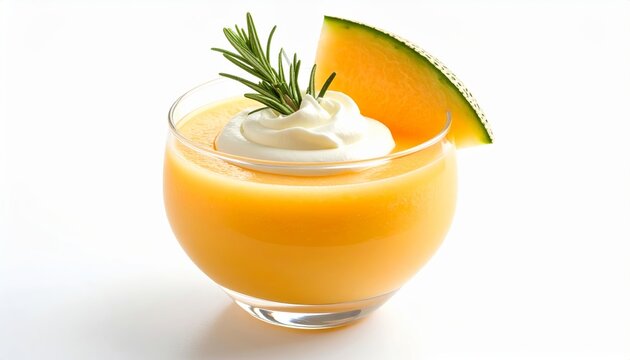 Refreshing melon mousse with whipped cream and rosemary garnish in glass