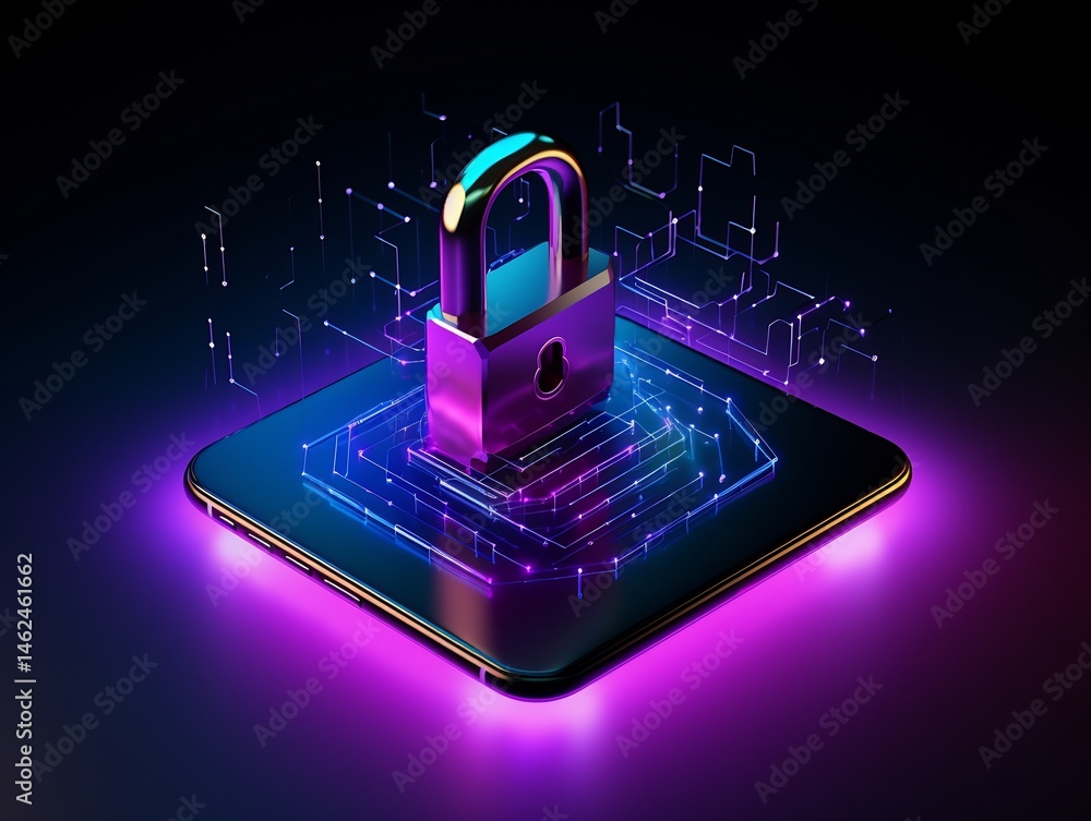 Aufkleber secure mobile technology with glowing padlock on digital interface concept