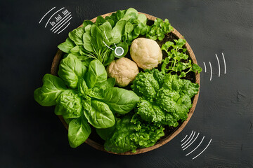 A top-down shot of fresh greens and some cauliflower in a rustic wooden bowl. Perfect for salad recipes or wellness promotions. Healthy eating inspiration.