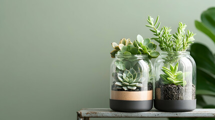 Succulents in decorative jars create a modern aesthetic ideal for home decor. Use them as living centerpieces on shelves or side tables adding natural beauty.