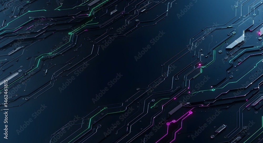 Poster abstract futuristic circuit board design high-tech background with neon glow lines and dark metallic