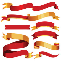 A collection of elegant red and gold ribbons and banners on white background