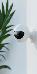 A white camera with a black lens is mounted on a white wall. The camera is surrounded by a green plant