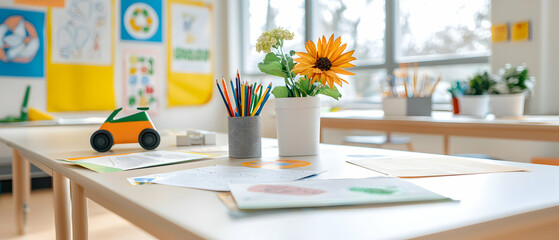 A child's colorful classroom with art supplies. The scene suggests art classes or a creative learning environment ideal for early childhood education.